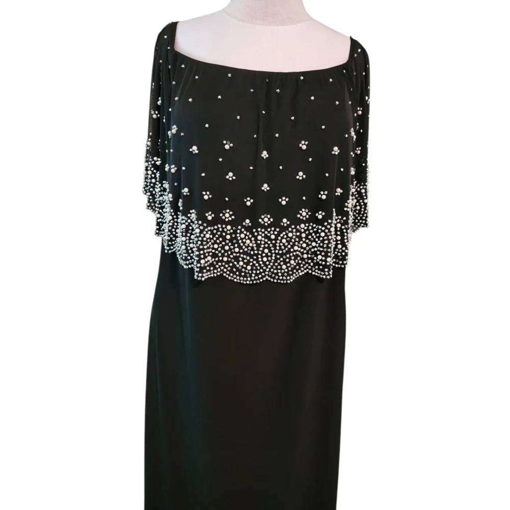 S. Levine Women 3X Black Cocktail Dress Pearl Beaded Cape Overlay Evening Dress - Picture 6 of 10